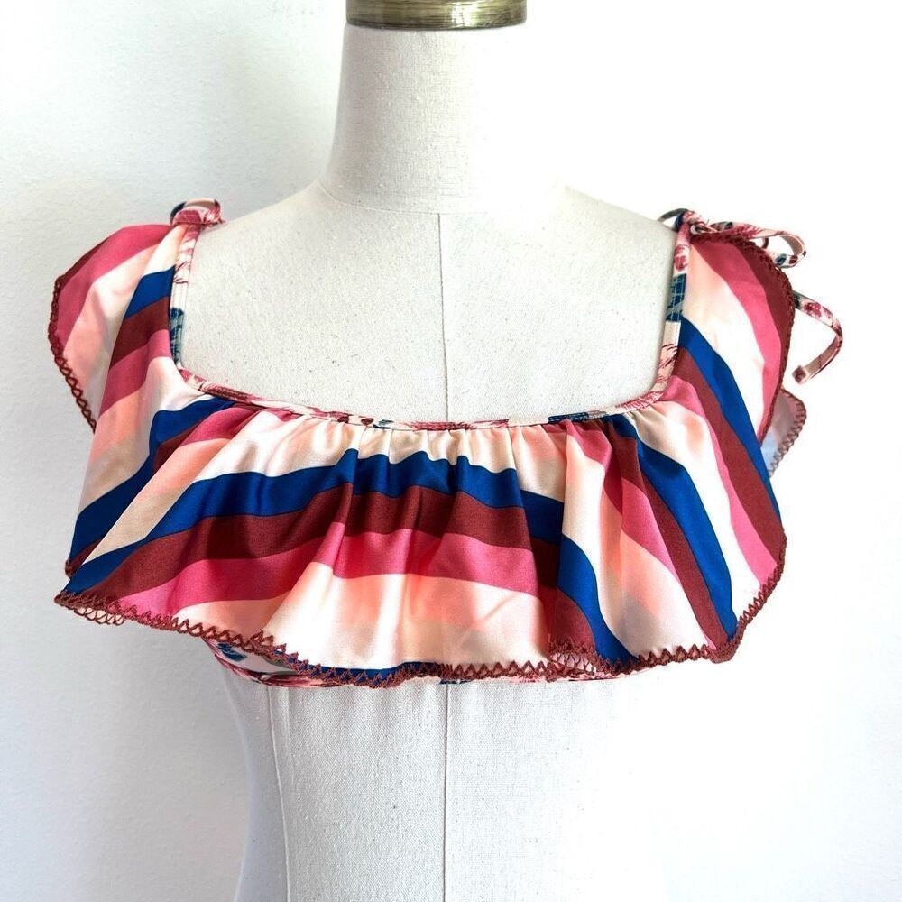 No Boundaries Ruffled Bikini Top Size Small Floral and Stripes Blue Burgundy Pea
